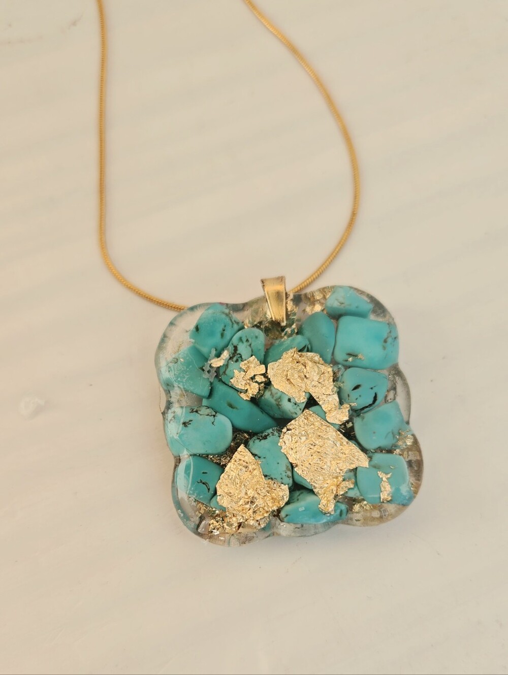 Turquoise and Gold Leaf Resin Pendant Necklace - Women Jewelry